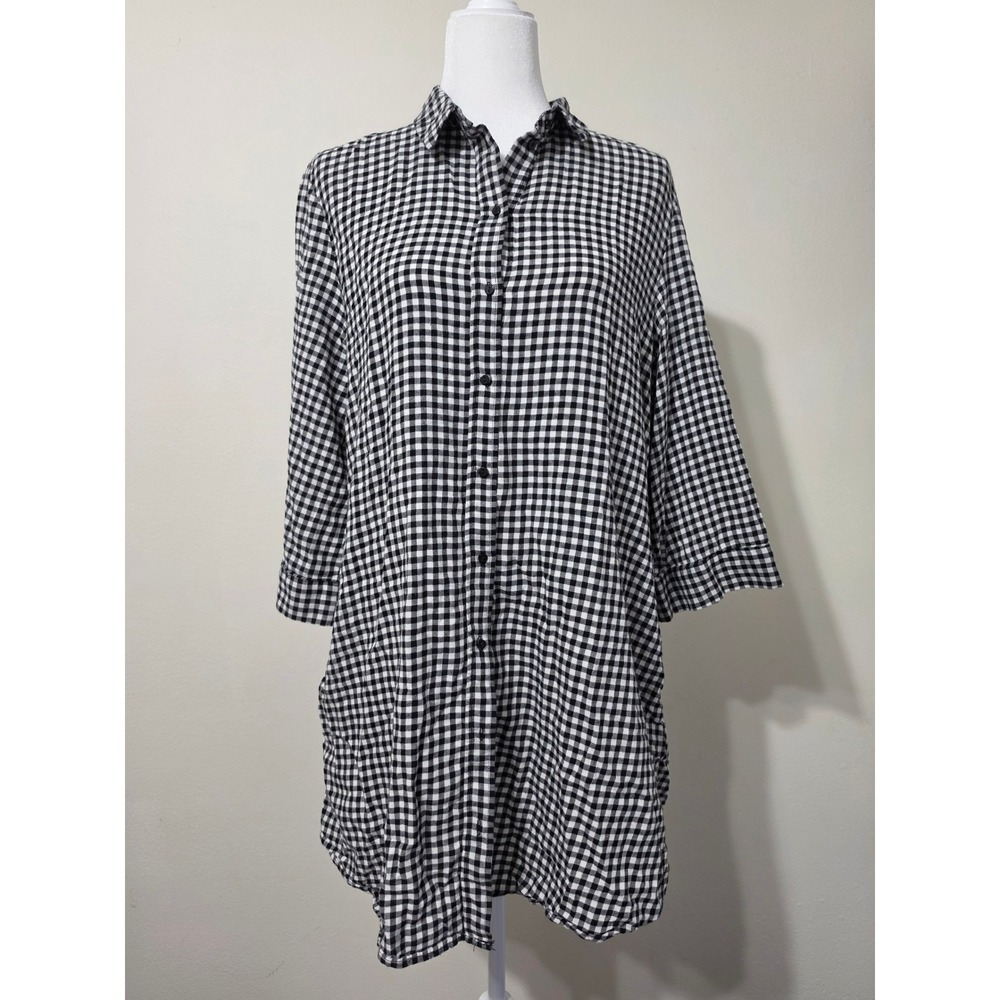 H&M Black White Gingham Plaid Button Down Shirt Dress Side Pockets Size 10